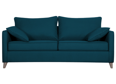 Canapé convertible scandinave 3 places en tissu bleu canard et bois clair avec matelas 10 cm PAPEL