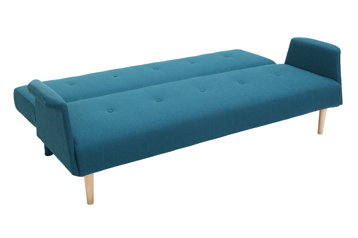 Canap� convertible scandinave 3 places bleu canard avec pi�tement en bois clair, vue de 3/4.