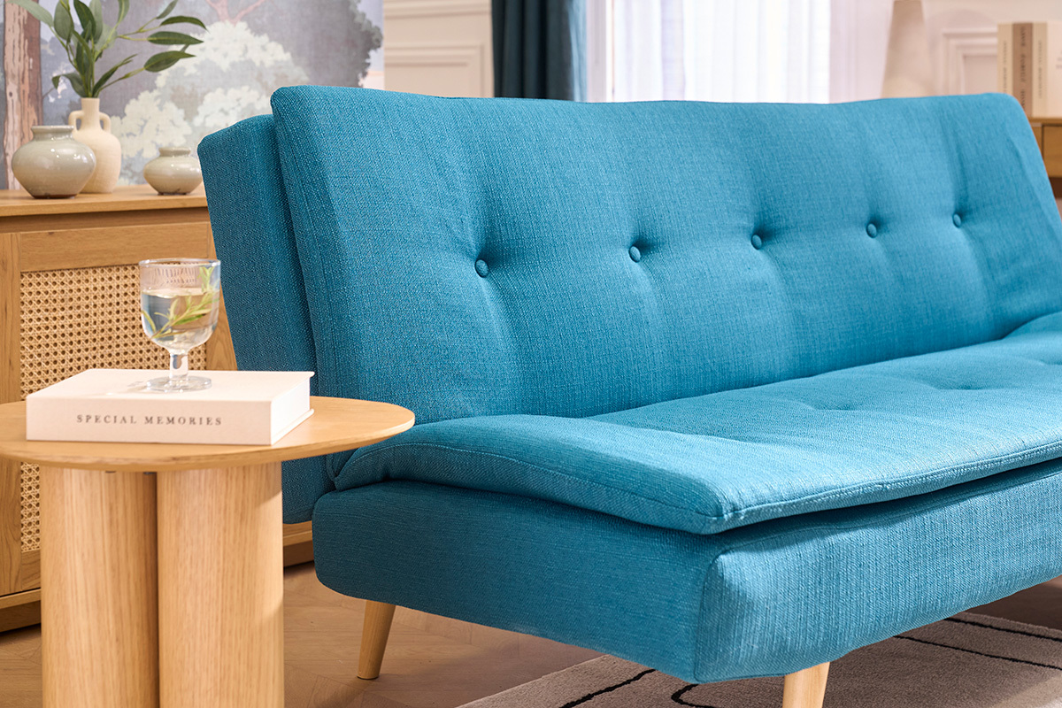 Canap� convertible scandinave 3 places en tissu bleu canard et bois clair SENSO