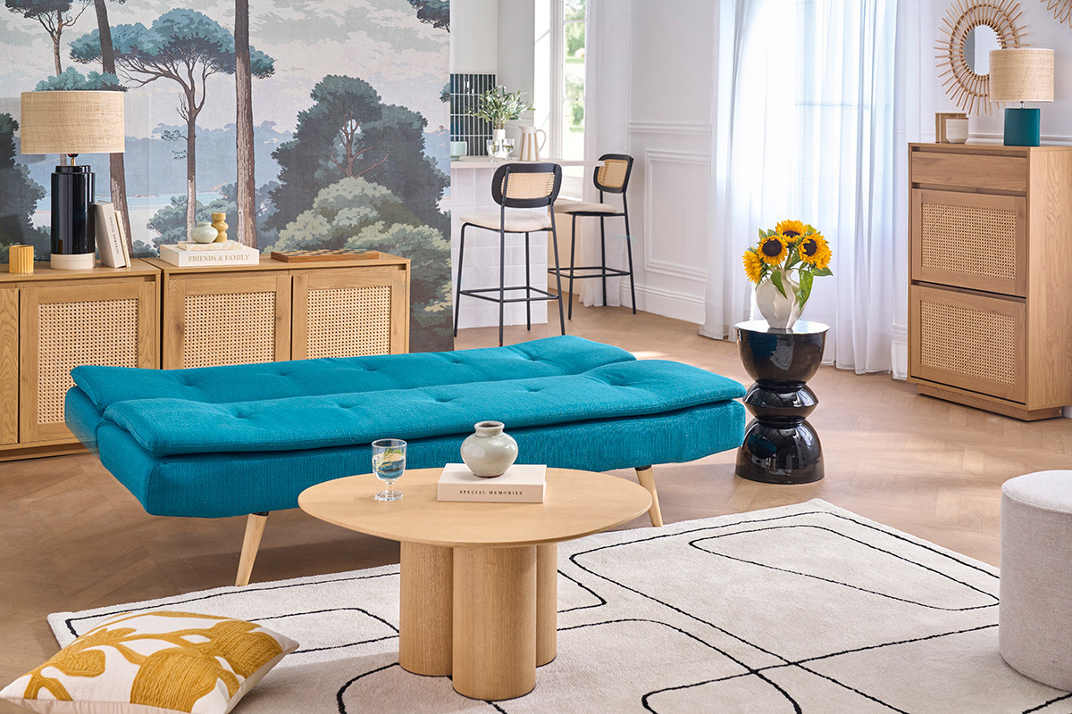 Canap� convertible scandinave 3 places en tissu bleu canard et bois clair SENSO