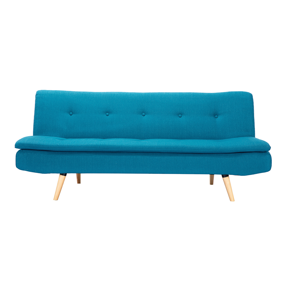Canapé convertible scandinave 3 places en tissu bleu canard et bois clair SENSO Canapé convertible scandinave 3 places en tissu bleu canard et bois clair SENSO
