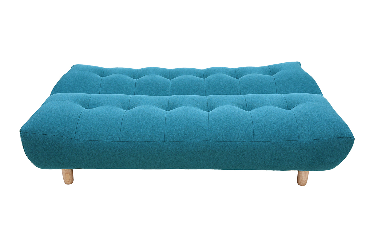 Canap convertible scandinave 3 places en tissu bleu canard et bois clair YUMI