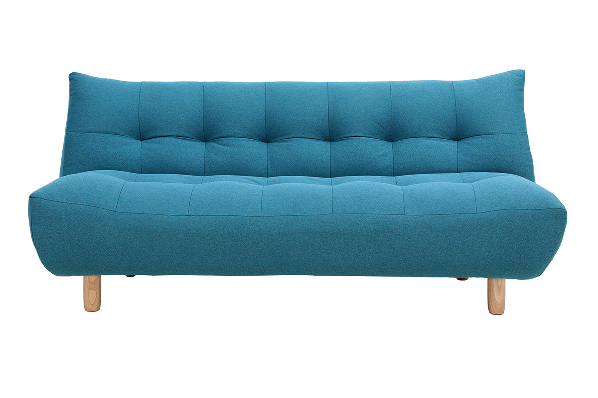 Canap convertible scandinave 3 places en tissu bleu canard et bois clair YUMI