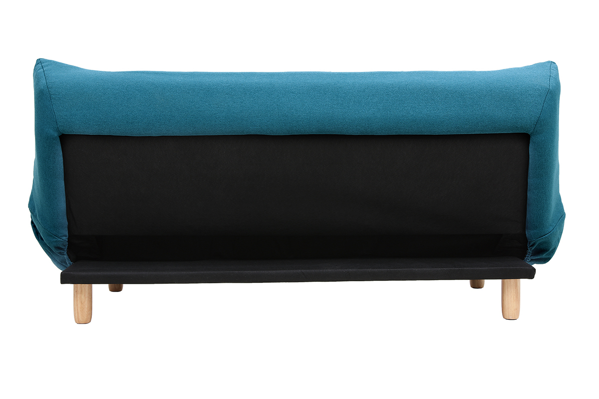 Canap convertible scandinave 3 places en tissu bleu canard et bois clair YUMI