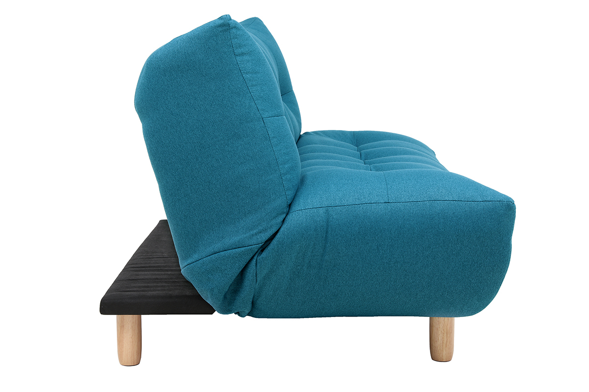 Canap convertible scandinave 3 places en tissu bleu canard et bois clair YUMI