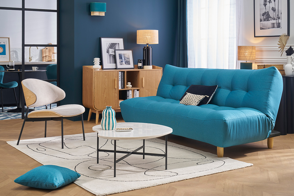 Canap convertible scandinave bleu canard, 3 places, bois clair, salon moderne.