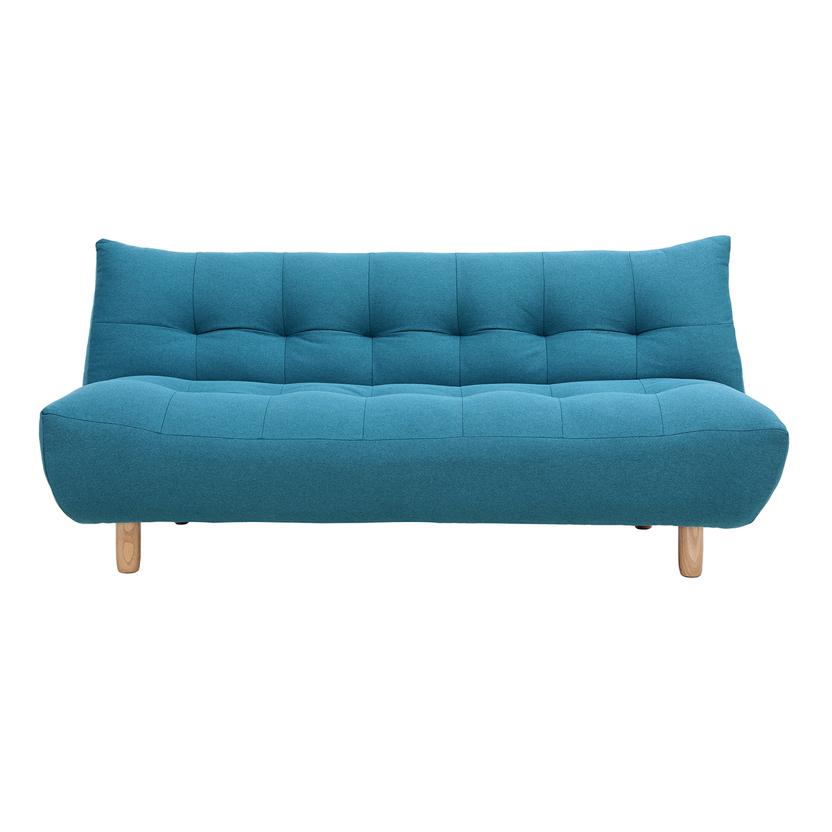 Canapé convertible scandinave 3 places en tissu bleu canard et bois clair YUMI Canapé convertible scandinave 3 places en tissu bleu canard et bois clair YUMI