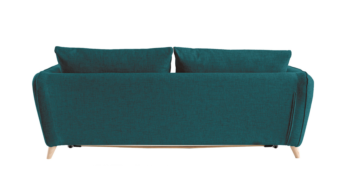 Canapé convertible scandinave 3 places en tissu bleu paon et bois clair avec matelas 10 cm CREEP