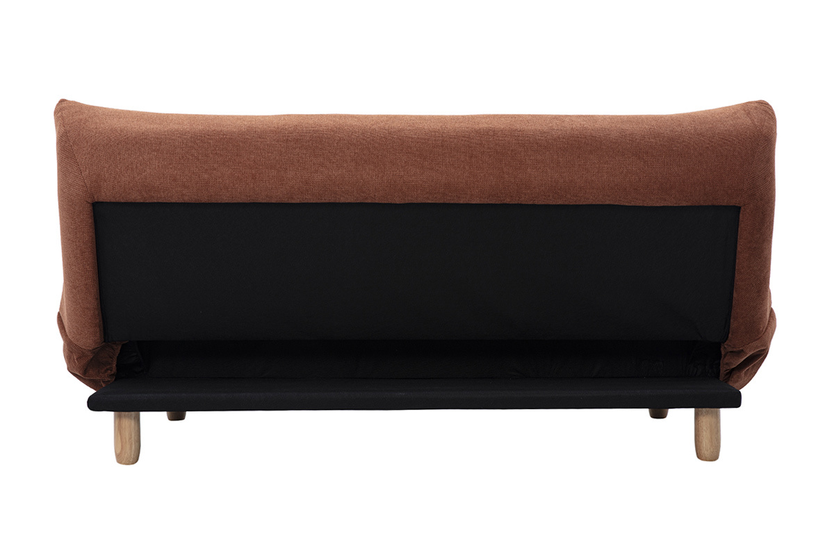 Vue arri�re du canap� convertible 3 places YUMI en tissu chenille terre br�l�e et bois clair.