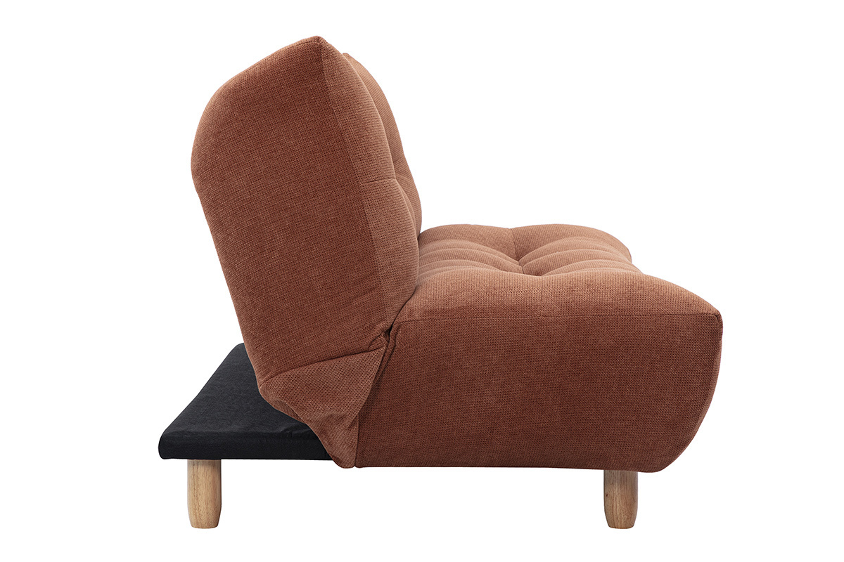 Canap� convertible 3 places YUMI en tissu terre br�l�e, vue de profil, pieds en bois clair.