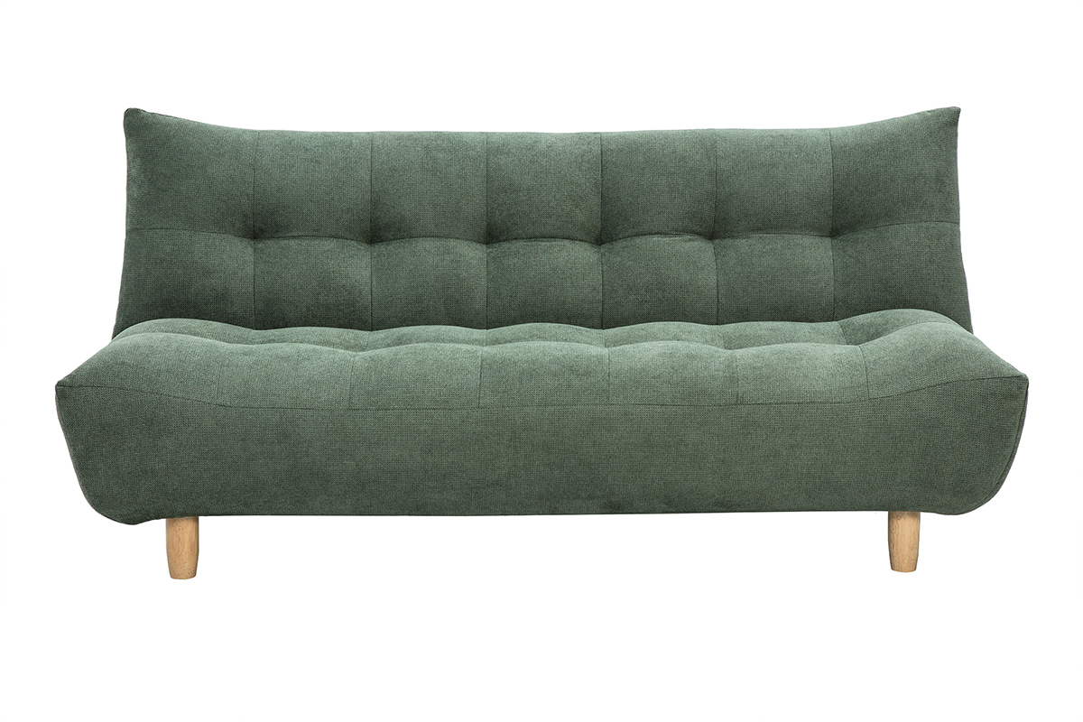 Canap� convertible 3 places en tissu vert kaki et pieds en bois clair, vue de face.