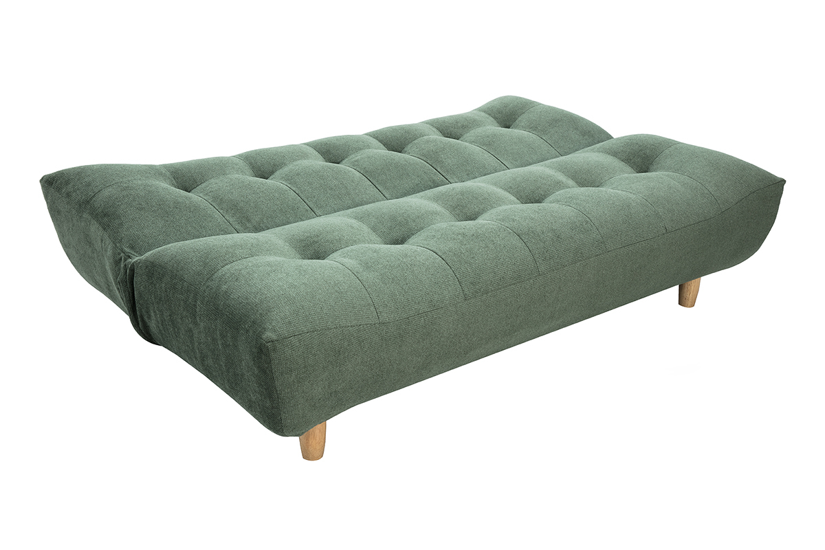 Canap� convertible vert kaki en tissu chenille avec pieds en bois, vue 3/4.