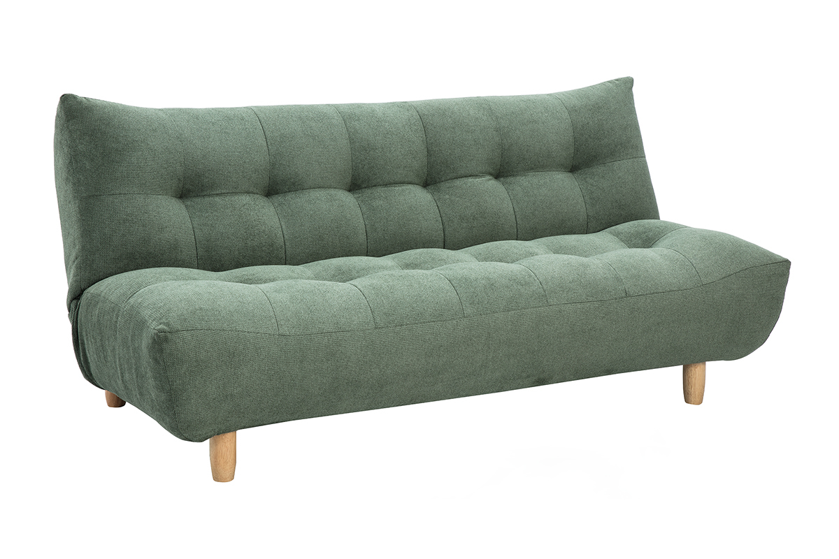 Canap� convertible scandinave vert kaki 3 places, pieds en bois clair, vue de 3/4.
