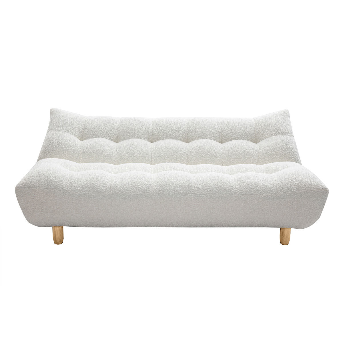 Canapé convertible scandinave 3 places en tissu effet laine bouclée blanc et bois clair YUMI Canapé convertible scandinave 3 places en tissu effet laine bouclée blanc et bois clair YUMI