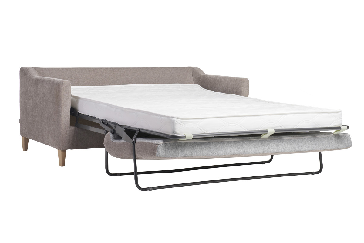 Canap convertible scandinave 3 places en tissu effet velours gris et bois clair LOUISE