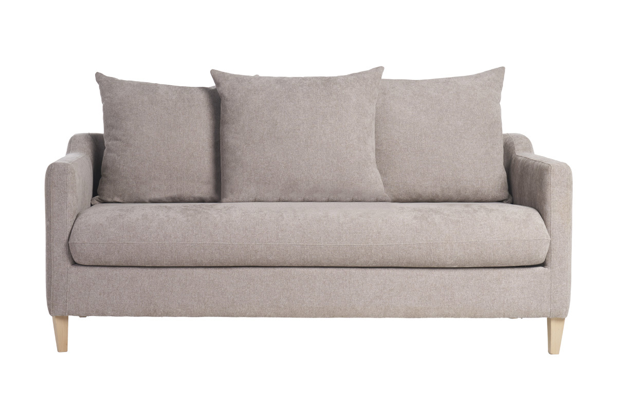 Canap convertible scandinave 3 places en tissu effet velours gris et bois clair LOUISE