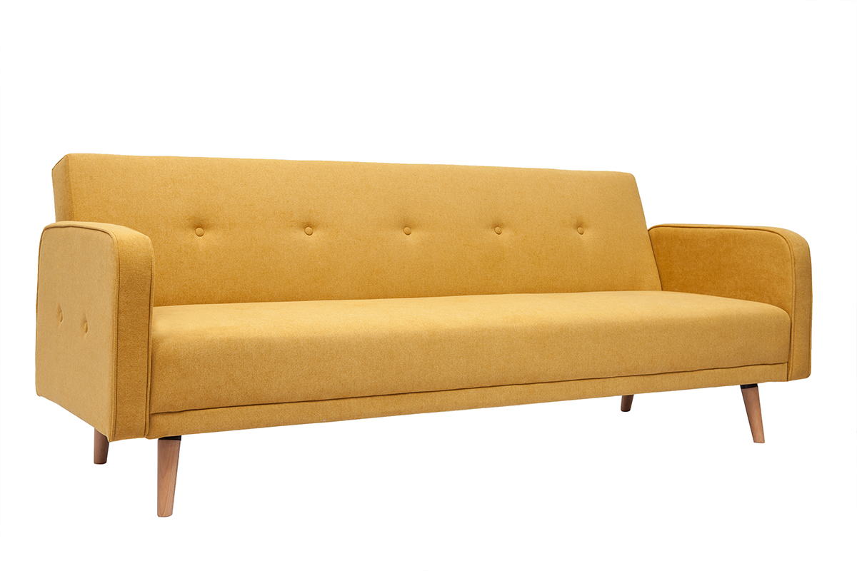 Canap� convertible scandinave 3 places en tissu effet velours jaune moutarde et bois clair ULLA