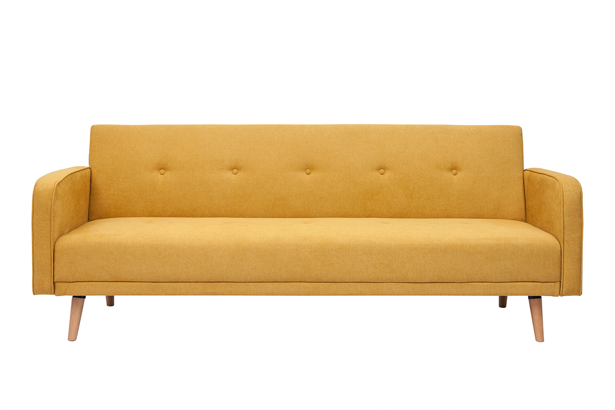 Canap� convertible scandinave 3 places en tissu effet velours jaune moutarde et bois clair ULLA