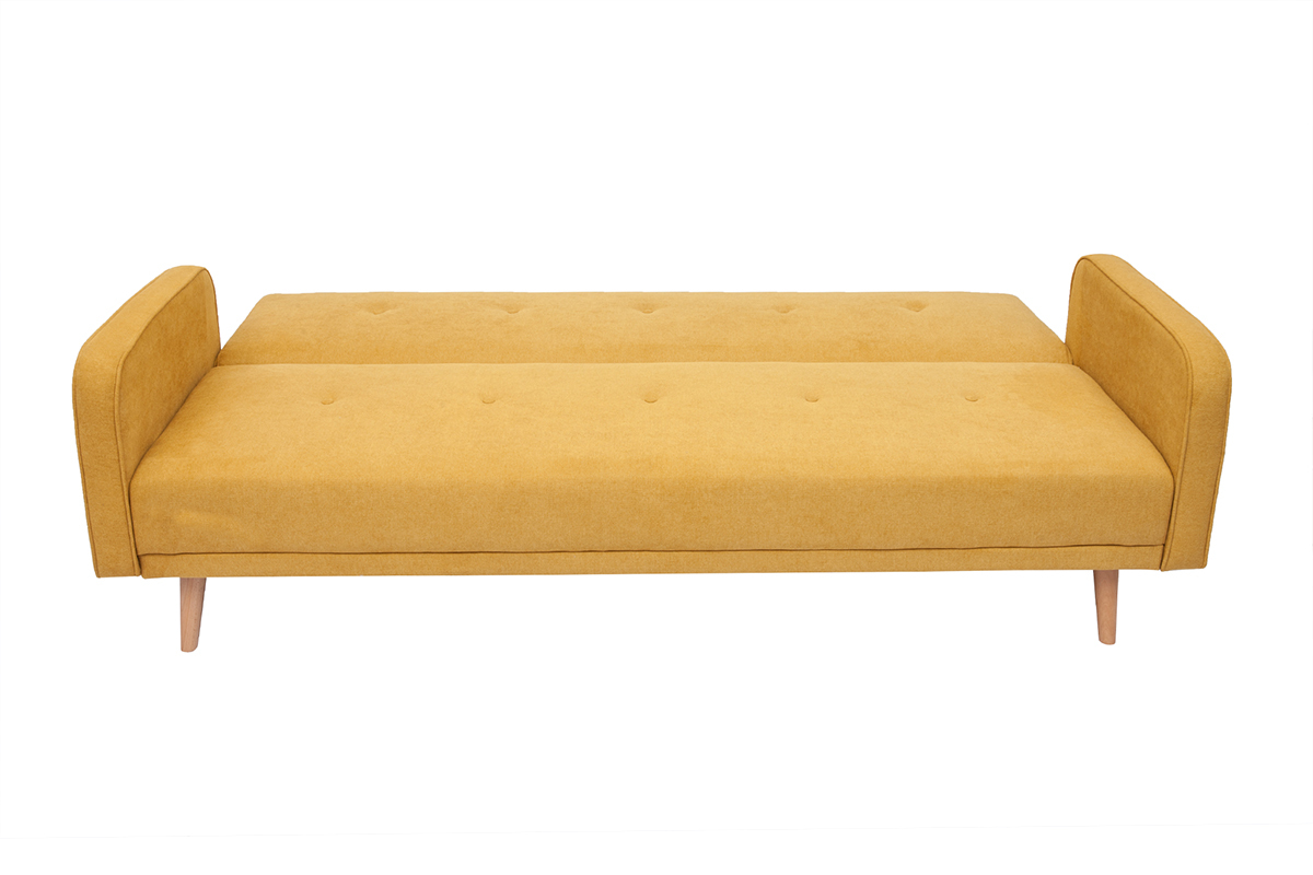 Canap� convertible scandinave 3 places en tissu effet velours jaune moutarde et bois clair ULLA