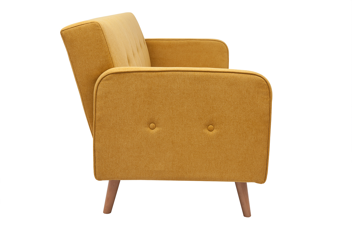 Canap� convertible scandinave 3 places en tissu effet velours jaune moutarde et bois clair ULLA