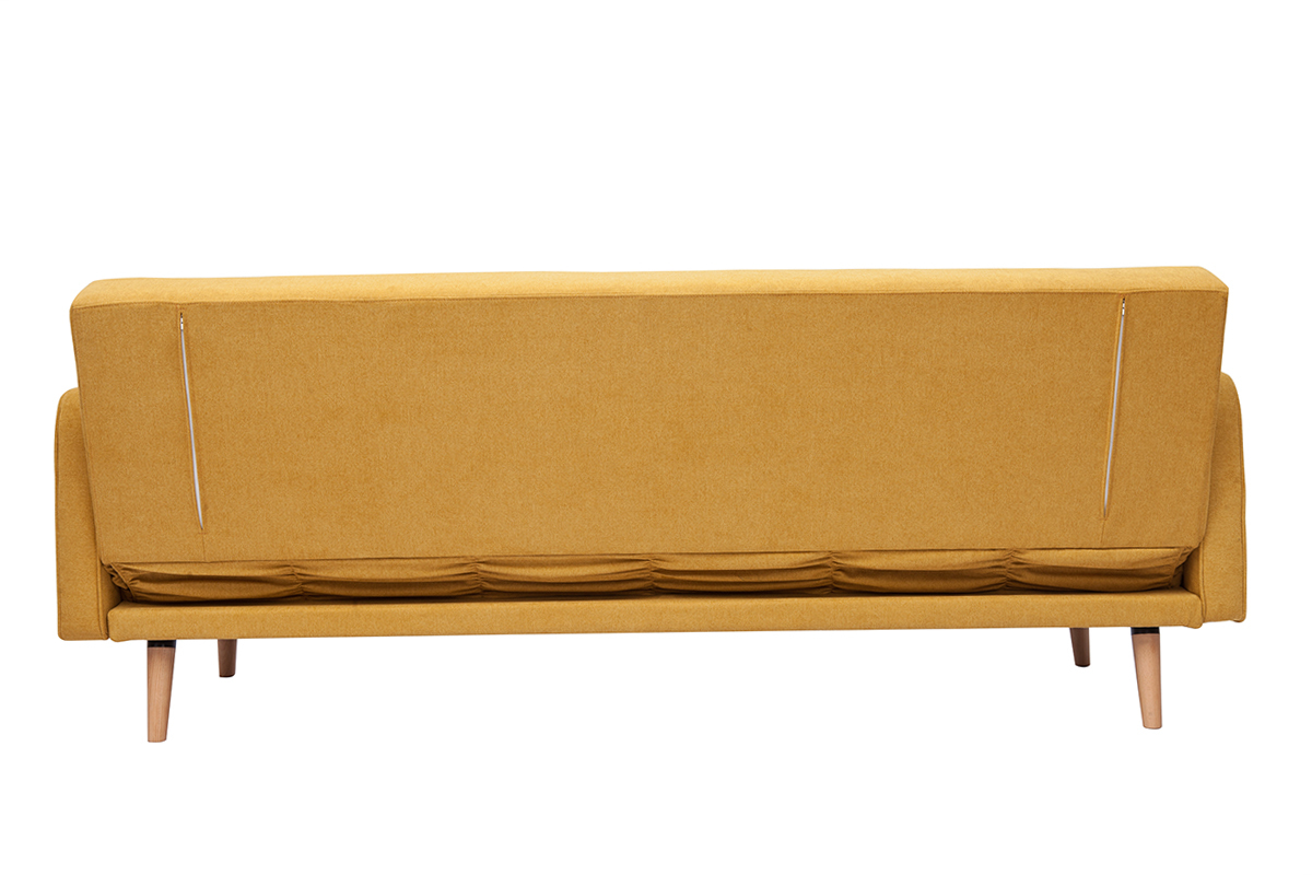 Canap� convertible scandinave 3 places en tissu effet velours jaune moutarde et bois clair ULLA