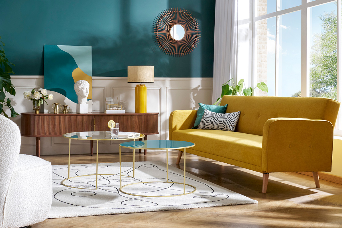 Canap� convertible scandinave 3 places en tissu effet velours jaune moutarde et bois clair ULLA