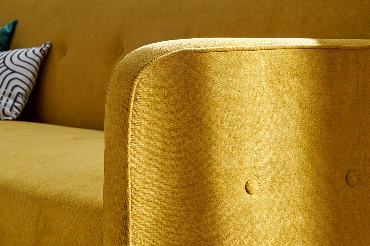 Canap� convertible scandinave 3 places en tissu effet velours jaune moutarde et bois clair ULLA