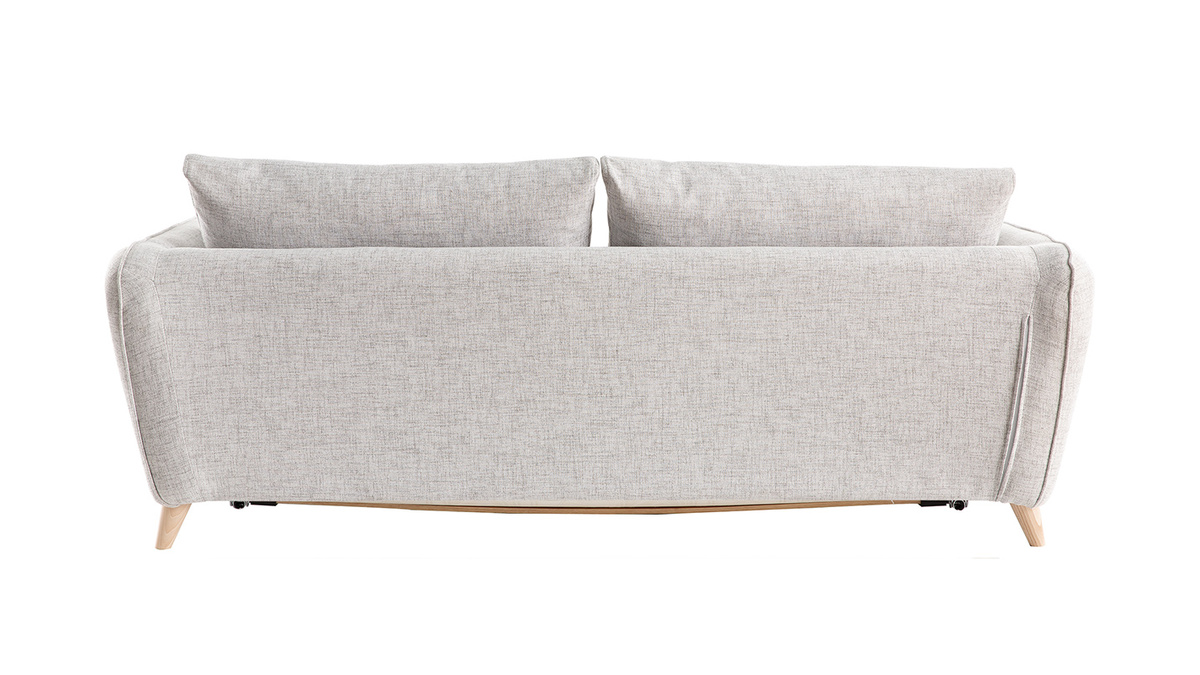 Canapé convertible scandinave 3 places en tissu gris clair chiné et bois clair avec matelas 10 cm CREEP