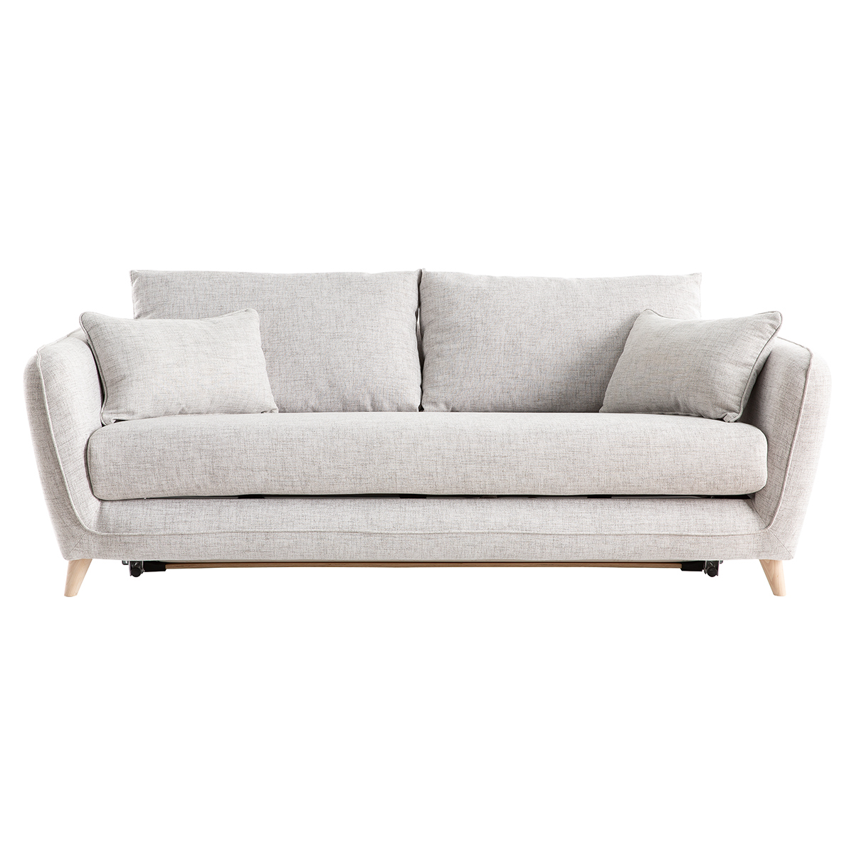 Canapé convertible scandinave 3 places en tissu gris clair chiné et bois clair avec matelas 10 cm CREEP