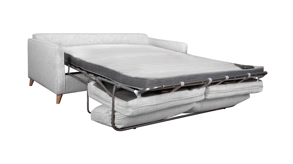 Canapé convertible scandinave 3 places en tissu gris clair et bois clair avec matelas 10 cm PAPEL