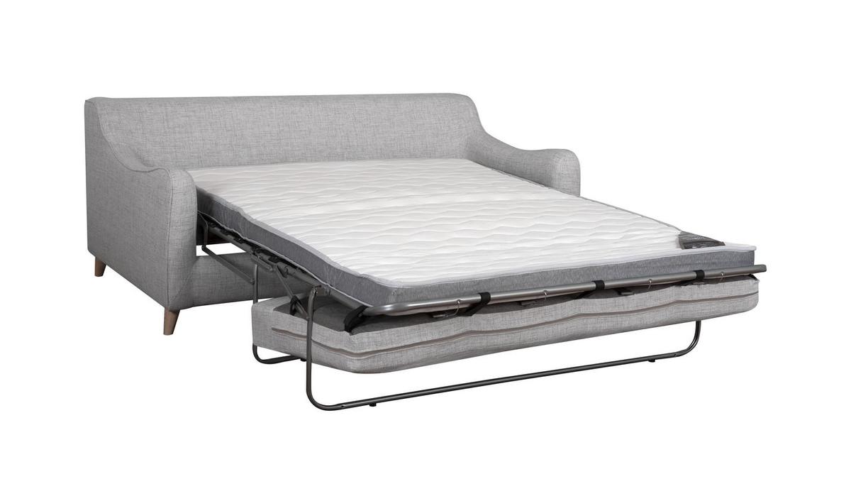 Canapé convertible scandinave 3 places en tissu gris clair et bois clair avec matelas 10 cm VENDOME