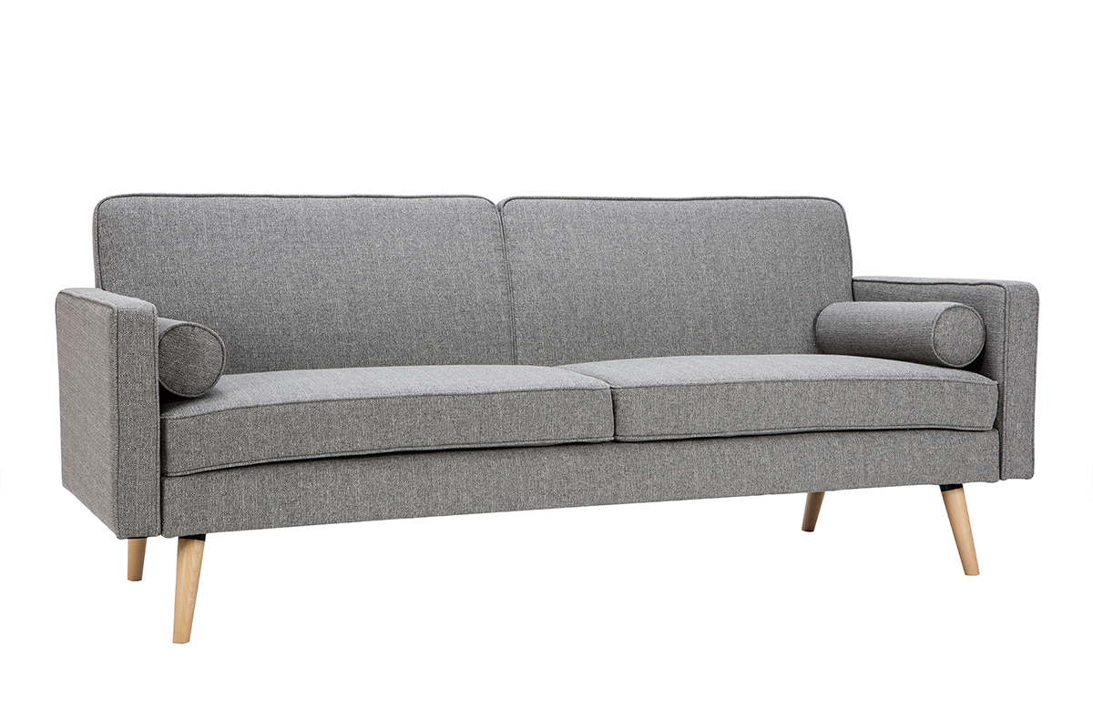 Canap� convertible scandinave 3 places en tissu gris clair et bois clair MOORE