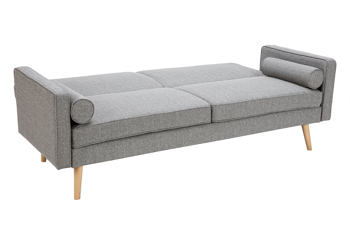 Canap� convertible scandinave 3 places en tissu gris clair et bois clair MOORE
