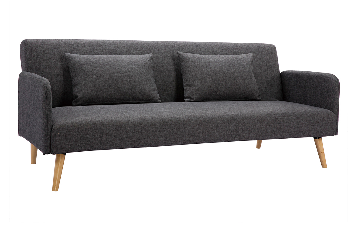 Canap� convertible scandinave 3 places en tissu gris fonc� et bois clair LULA
