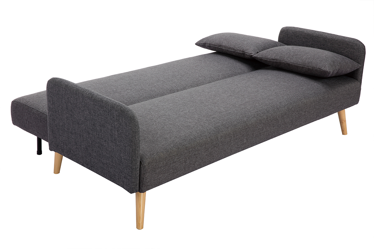 Canap� convertible scandinave 3 places en tissu gris fonc� et bois clair LULA