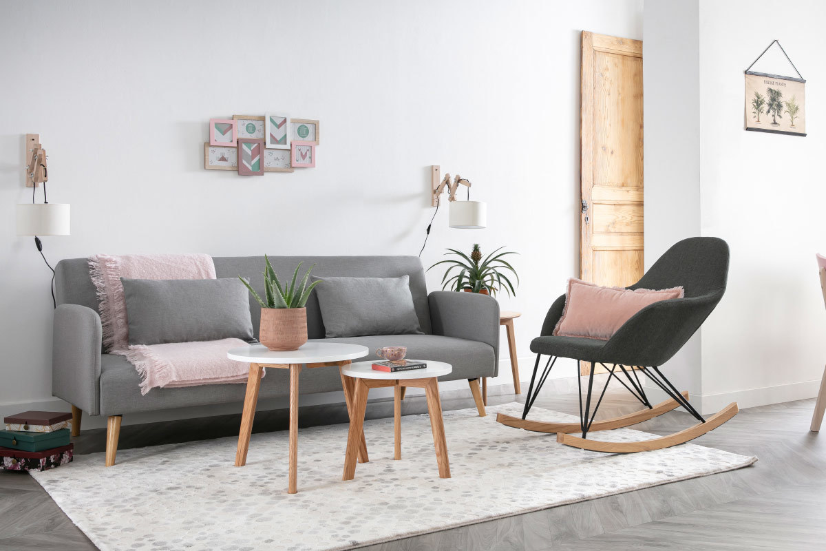 Canap� convertible scandinave 3 places en tissu gris fonc� et bois clair LULA