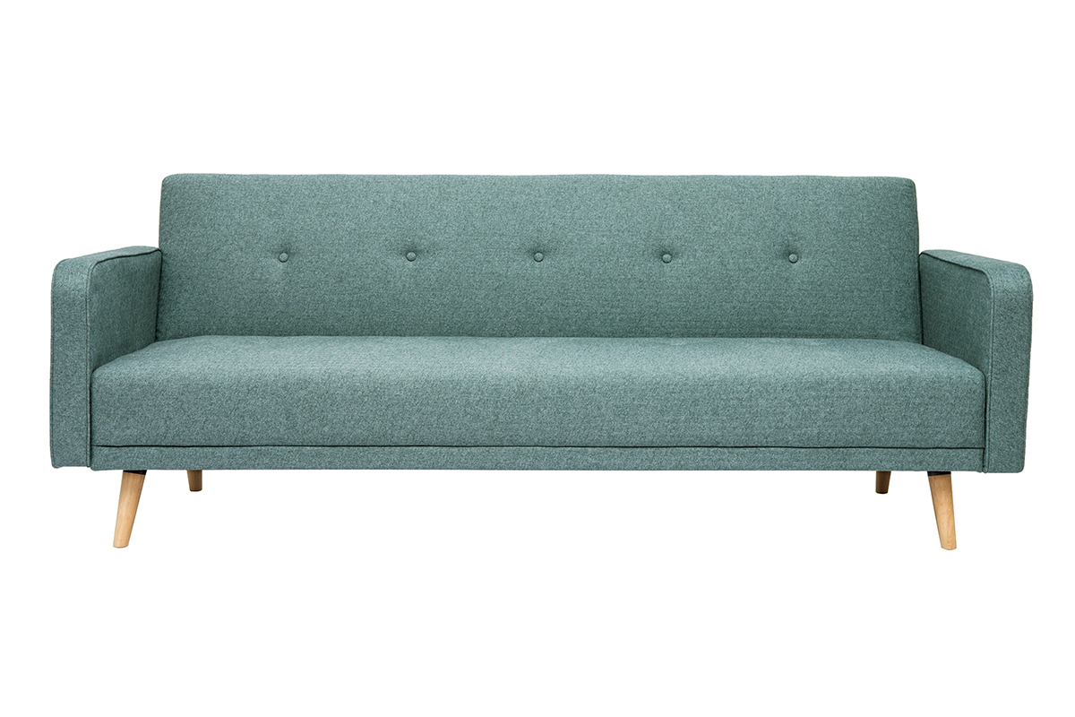 Canap convertible scandinave 3 places en tissu vert de gris et bois clair ULLA