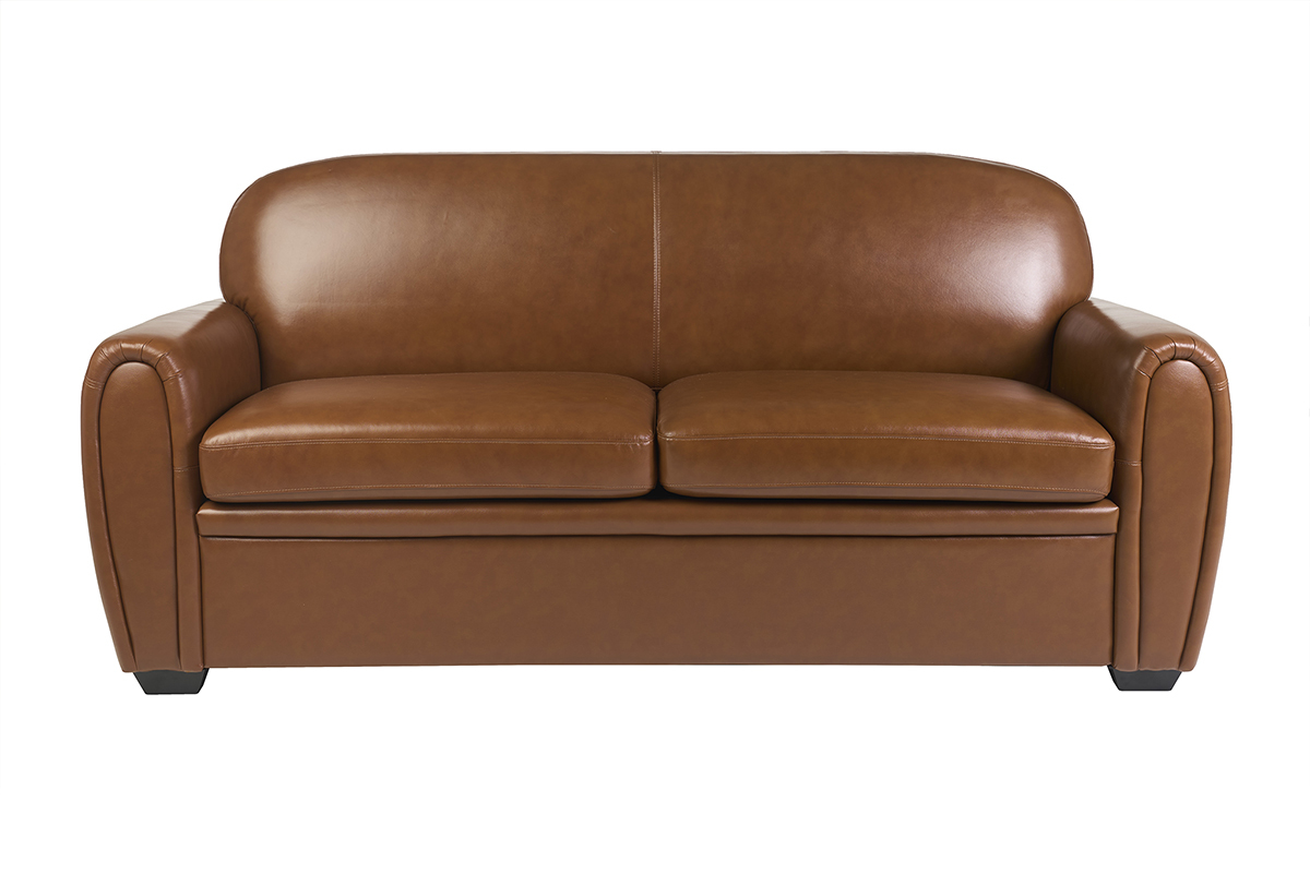 Canap� convertible vintage 3 places en cuir marron avec accoudoirs arrondis, vue de face.
