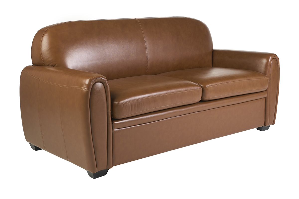 Canap� convertible vintage 3 places en cuir marron, vue de 3/4, avec accoudoirs arrondis.