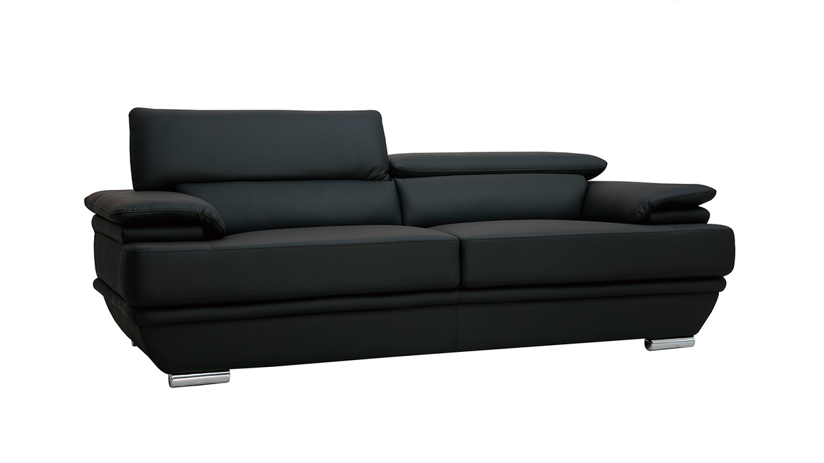 Canapé cuir design 3 places avec têtières ajustables noir EWING - cuir de buffle