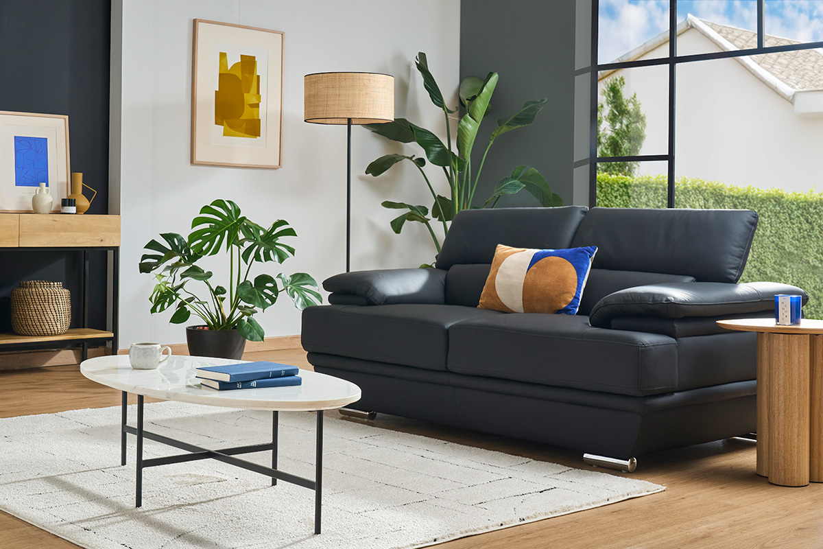 Canap cuir noir et acier chrom avec ttires ajustables 2 places EWING