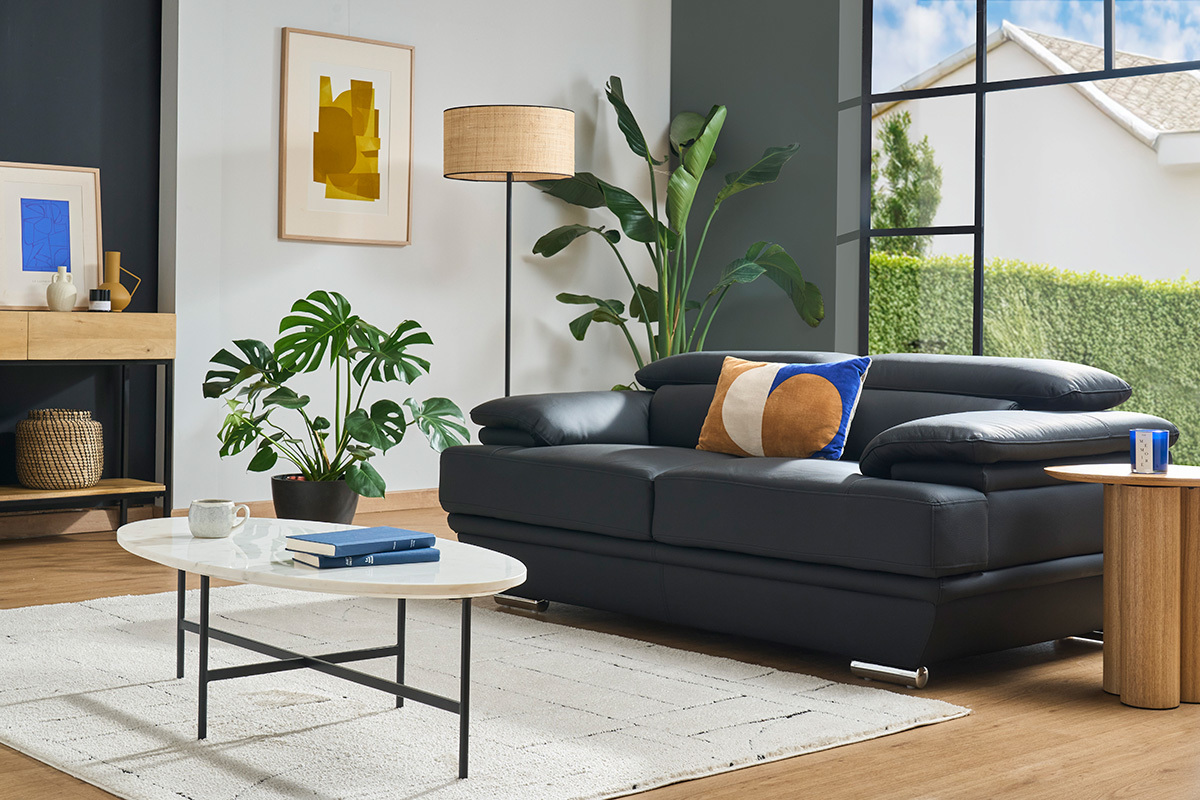 Canap cuir noir et acier chrom avec ttires ajustables 2 places EWING