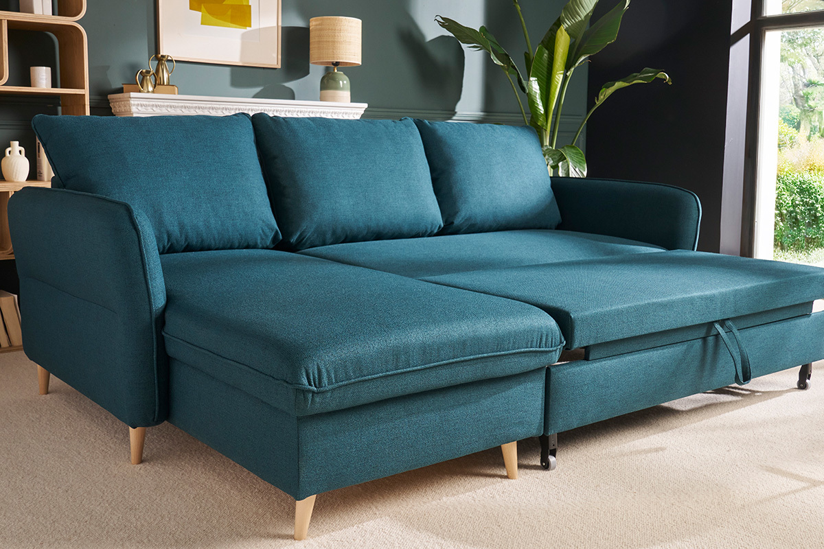 Canap d'angle convertible rversible avec coffre 3-4 places en tissu bleu ocan et bois clair DRISS