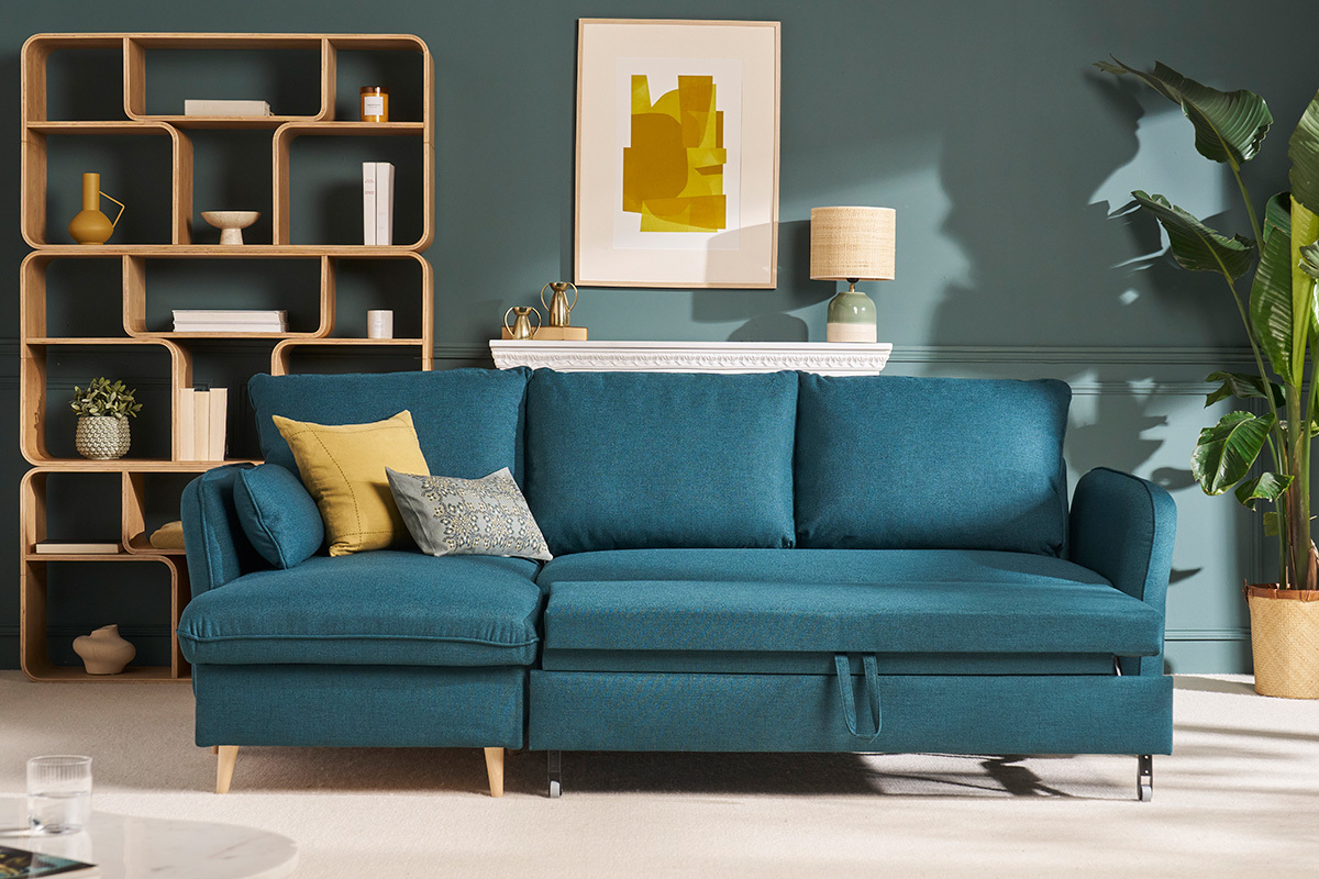 Canap d'angle convertible rversible avec coffre 3-4 places en tissu bleu ocan et bois clair DRISS