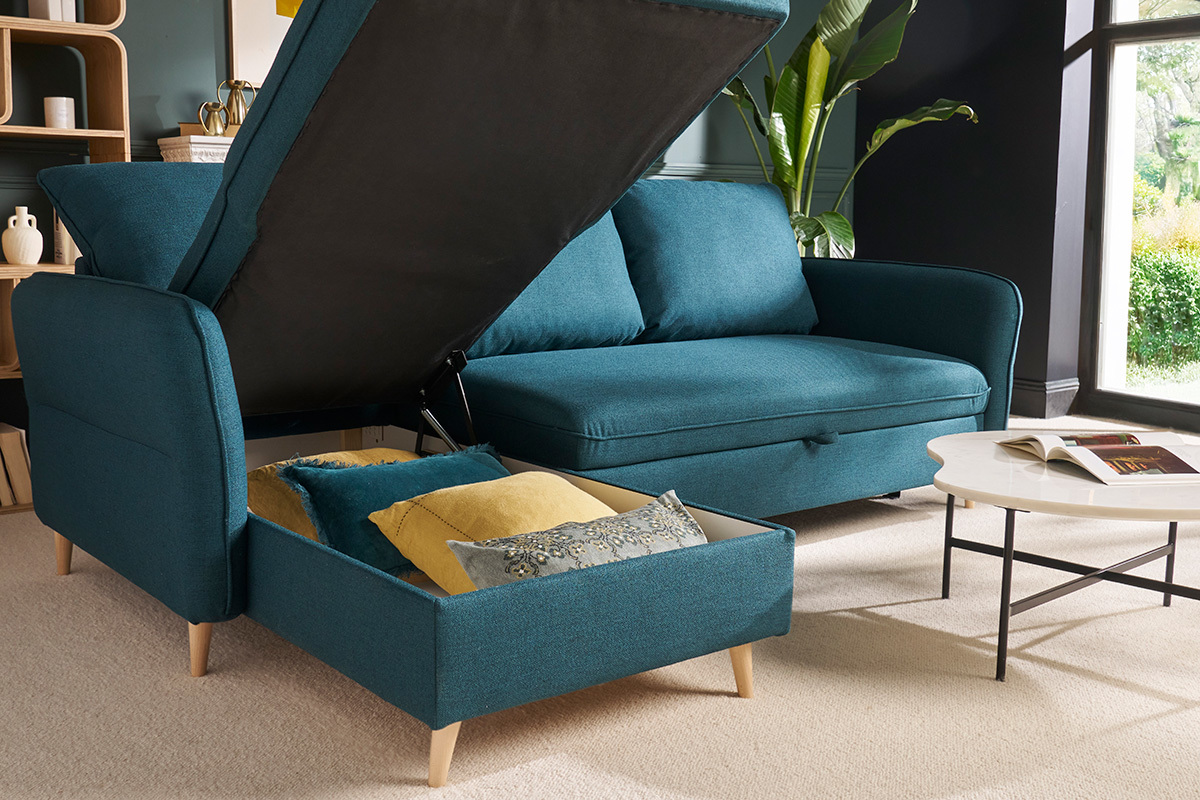 Canap d'angle convertible rversible avec coffre 3-4 places en tissu bleu ocan et bois clair DRISS