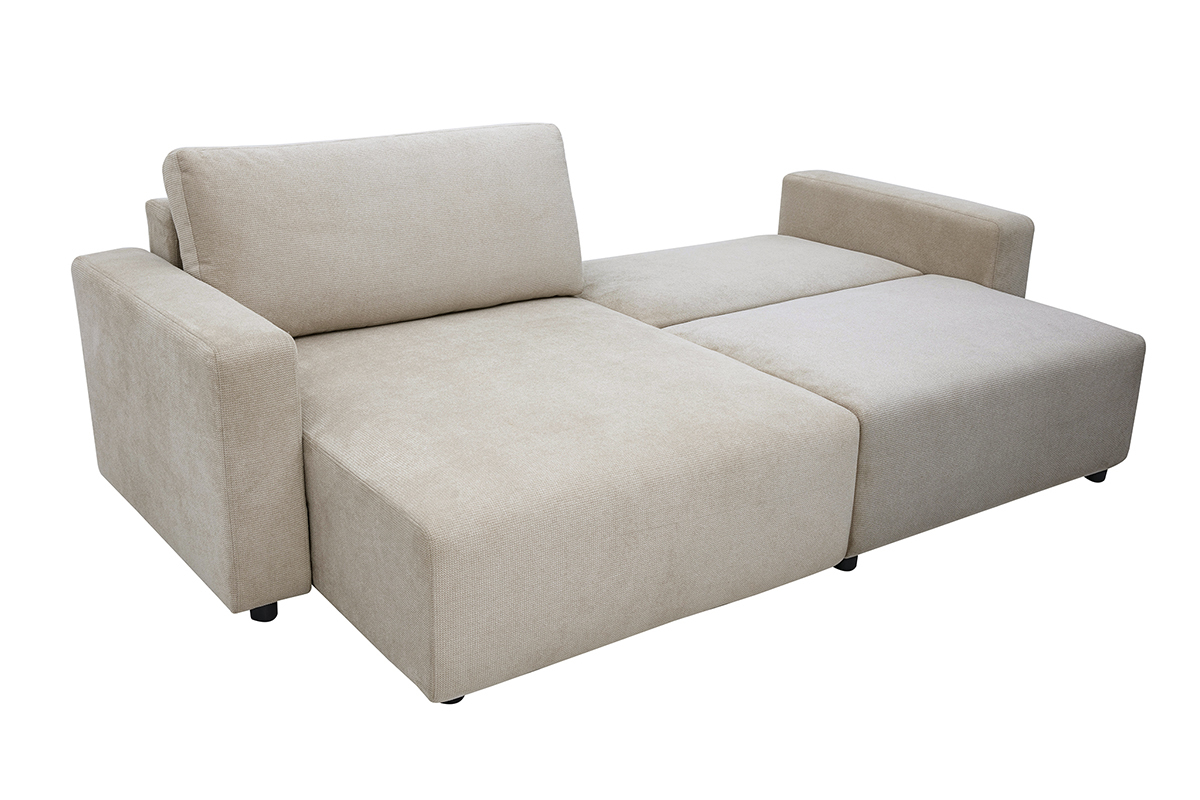Canap� d'angle convertible r�versible beige en tissu chenille, vue de 3/4, design contemporain.