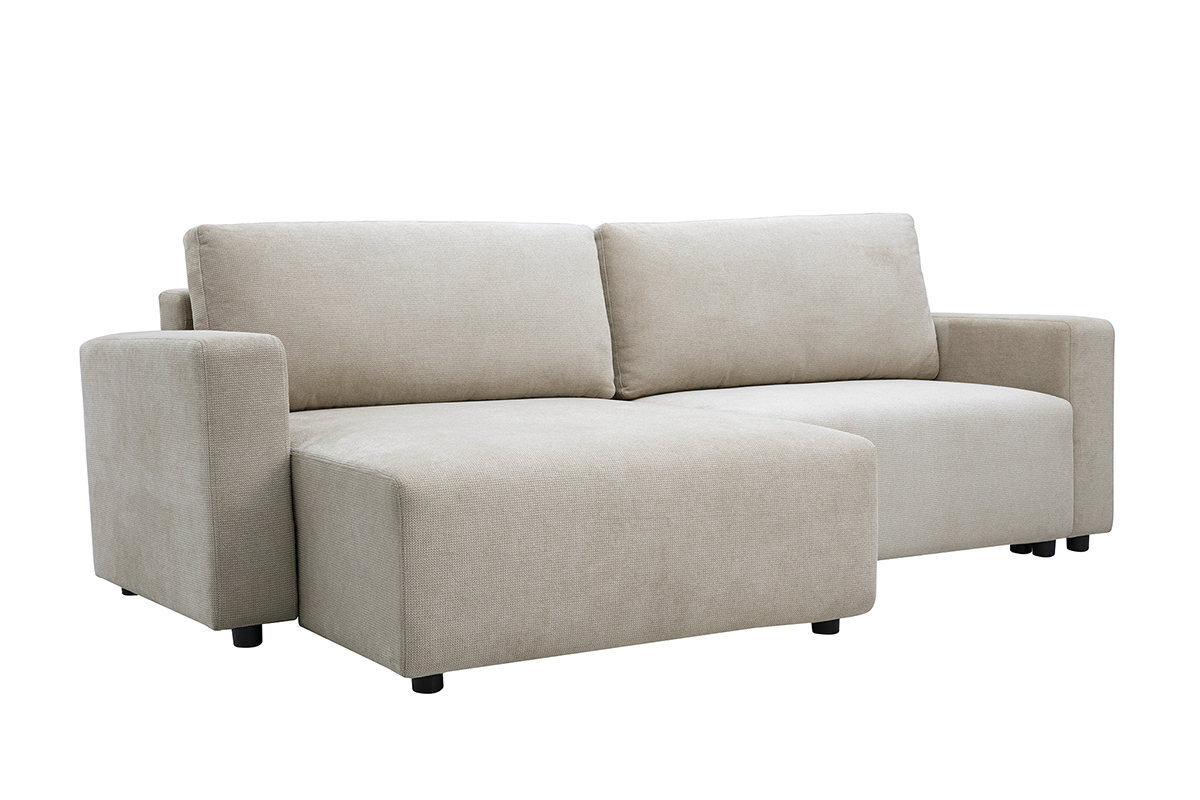 Canap� d'angle convertible r�versible en tissu chenille beige, vue de 3/4