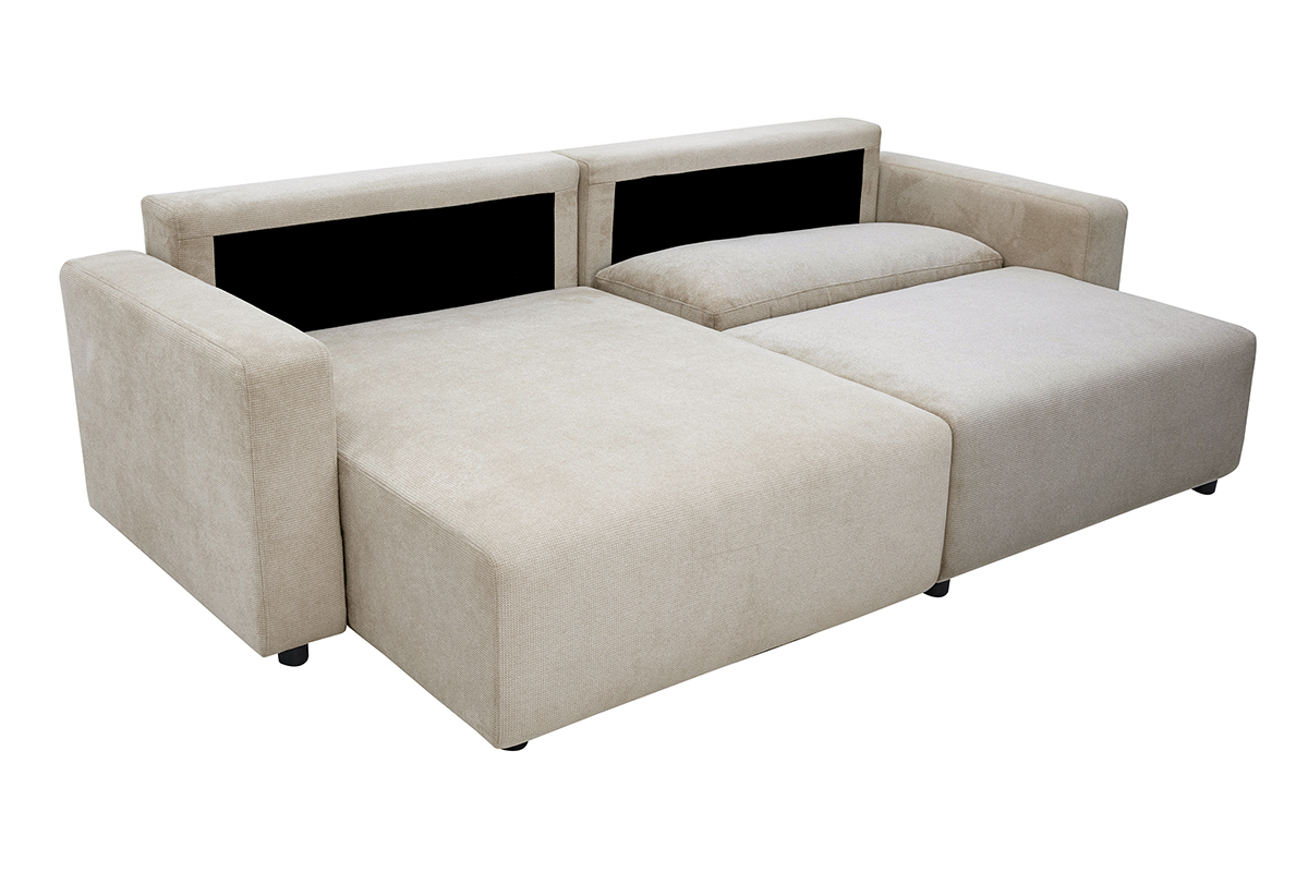 Canap� d'angle convertible r�versible beige NESTO, vue de 3/4, avec coffre de rangement int�gr�.