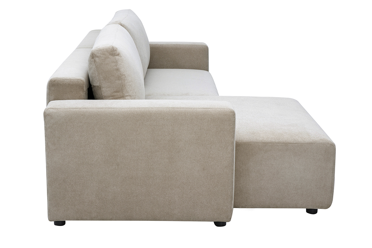 Canap� d'angle convertible r�versible NESTO en tissu chenille beige, vue de profil.