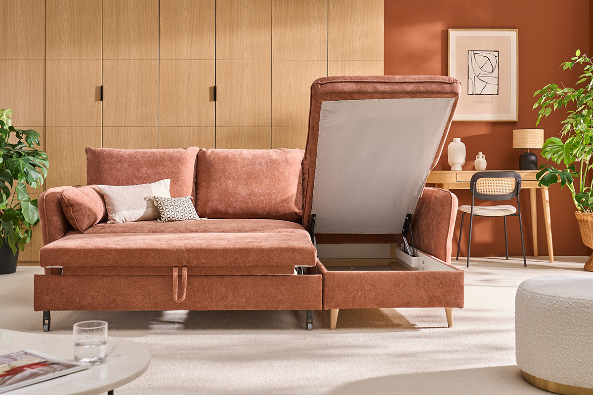 Canap d'angle convertible rversible avec coffre 3-4 places en tissu effet velours terre brle et bois clair DRISS